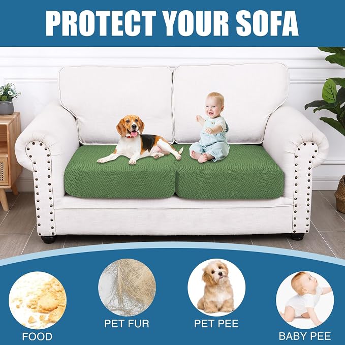 Smiry Waterproof Couch Cushion Covers, Stretch Jacquard Thick Sofa Cushion Covers, Washable Seat Slipcover Elastic Furniture Protector for Pets, Kid (2PC, Grass Green)