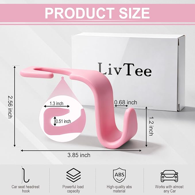 LivTee Car Seat Headrest Hook, Auto Seat Hook Hangers Storage Organizer Interior Accessories for Purse Coats Umbrellas Grocery Bags Handbag, 4-Pack - Pink