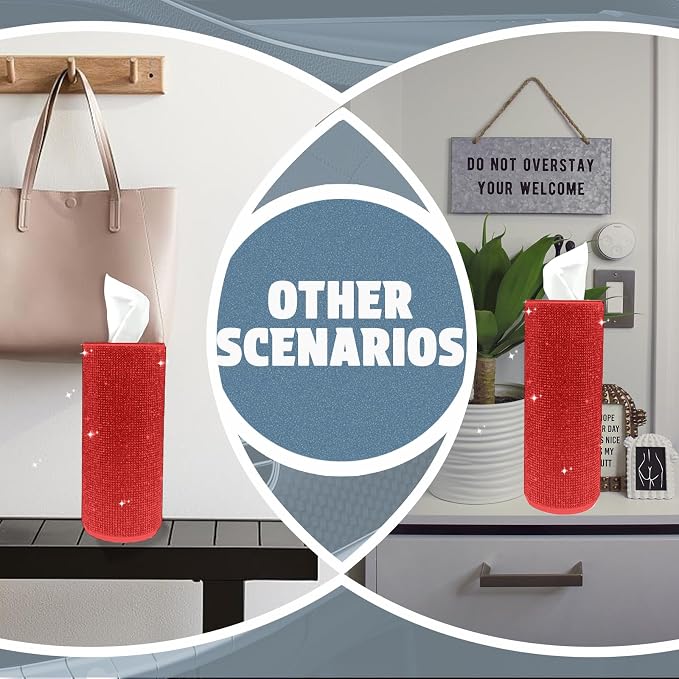 Bling Car Tissue Holder for Cup Holder – Sparkly Rhinestone Round Tissue Dispenser with 1 Pack Tissues – Fits Standard Auto Cup Holders – Stylish Car Interior Accessory for Women(RED)