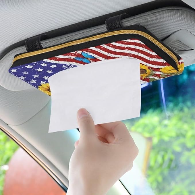 American Flag Car Tissue Holder Sunflower Sun Visor Tissues Box Cover for Car Sun Visor Napkin, Mask Dispenser Universal Car Interior Accessories
