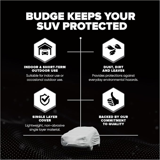 Budge Lite SUV Car Cover, Single-Layer Breathable Indoor Dust Proof Protection, Lightweight Non-Abrasive Fabric, Fits SUVs up to 162" L x 59" W x 60" H, Gray