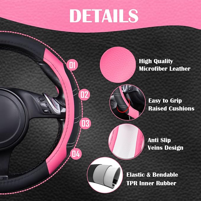 CAR PASS Line Rider Microfiber Leather Sporty 14.5-15 inch Steering Wheel Cover Universal Fits for 95% Truck,SUV,Cars, Anti-Slip Safety Comfortable Design (Black Pink)