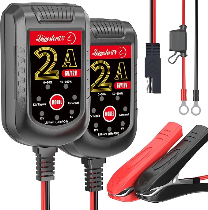 2 Pack Battery Charger 2A 6V 12V, Trickle Charger and Maintainer with Pulse Repair, Automatic Float Charger for Car Motorcycle Boat Lawn Mower ATV RV, 10FT Cable, LiFePO4 Lithium AGM Gel Lead Acid