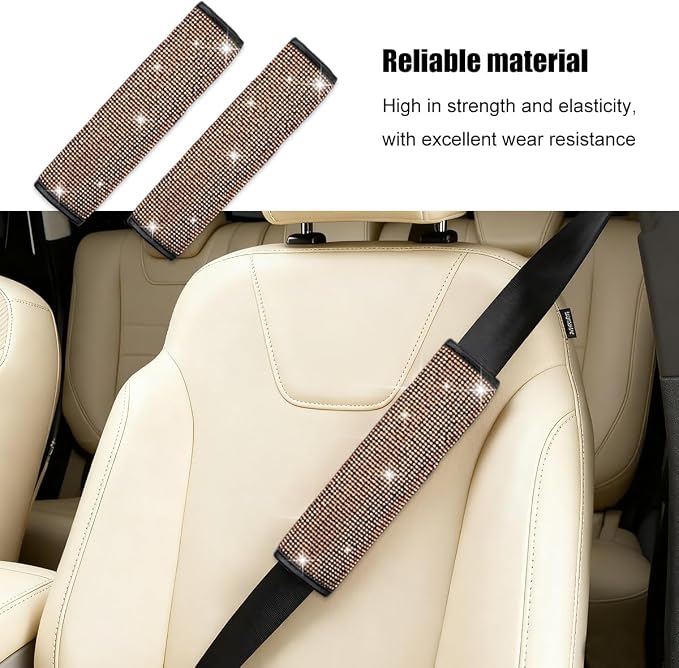 8PCS Bling Car Accessories Set, Sparkly Rhinestone Vehicle Steering Wheel Seat Belt Gear Shift Start Stop Button Cover, Diamond Auto Cup Holder Coaster Decoration, Universal Fit (Champagne)