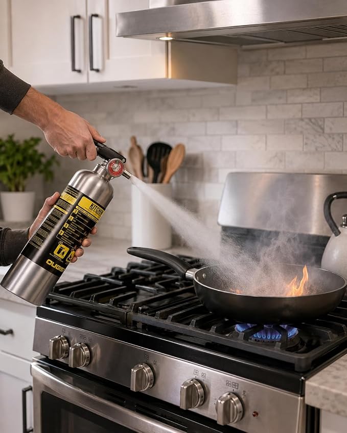Ougist Class K Fire Extinguisher for Kitchen, 1-A:K, 40 Fl Oz Wet Chemical | For Small Cooking Oil and Grease Fires with Quick-Pull Access and Easier Cleanup for Kitchen and Food Truck Use