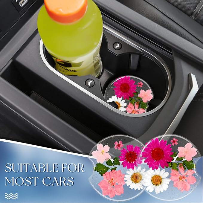 Swooflia Flower Car Cup Holder Coasters for Women - 2.75 Inch Cute Resin Clear Automotive Drink Cupholder Insert Car Accessories 2 Pack Pink