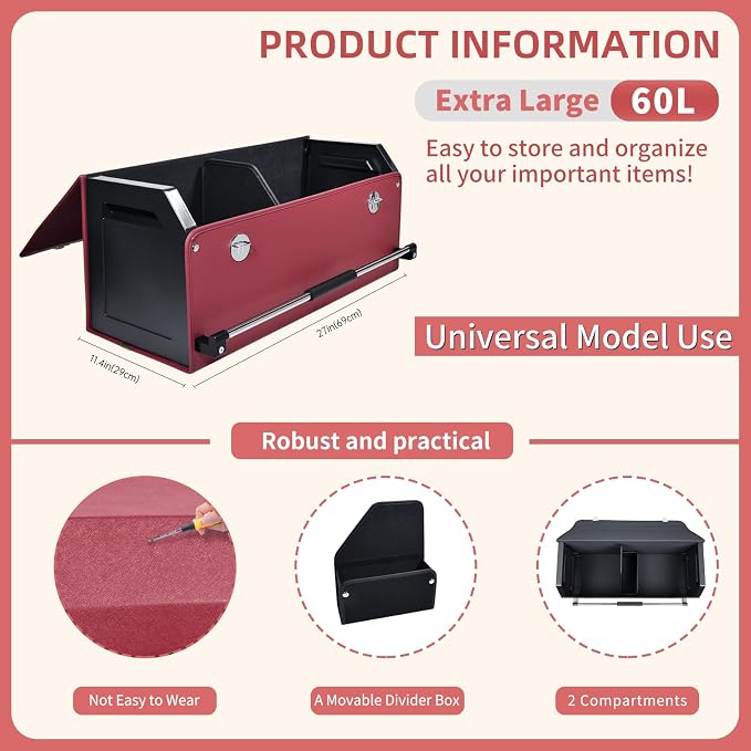 Trunk Organizer for Car with Lid Leather Trunk Organizer Car Organizer | SUV Trunk Organizer with Push-pull Handle Car Trunk Storage Organizer for Minivan, Truck, Sedan (Claret, 27.17x11.42x12.2in)