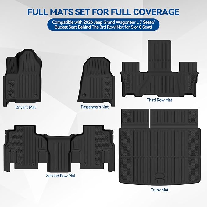 Custom Fit Floor Mats for 2026 Jeep Grand Wagoneer L 7 Seats/Bucket Seat Behind The 3rd Row(Not for S or 8 Seat), All Weather TPE Floor Liners & Trunk Mat, Odorless Full Set Interior Accessories