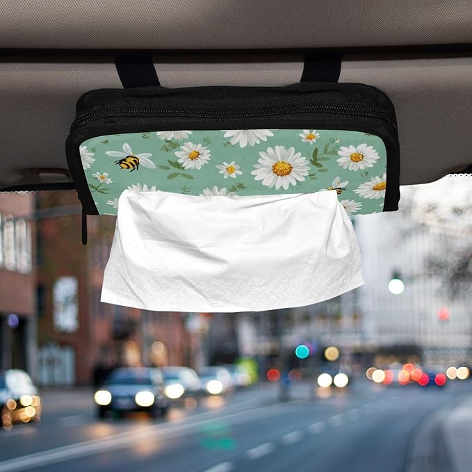 Mint Green Daisy Flowers and Bees Car Tissue Holder Durable Napkin Holder Hanging Tissue Holders Case Car Tissues Bag for Sun Visor Seat Back Universal Auto