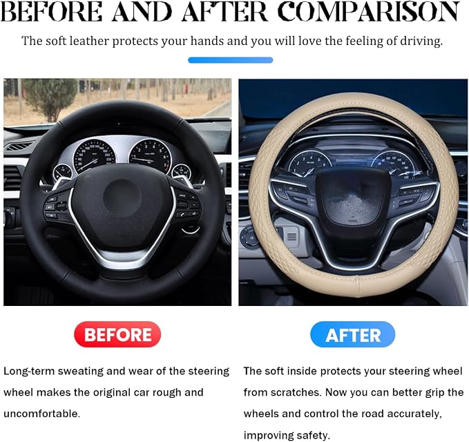 AUCELI Car Steering Wheel Cover, 14 1/2-15 inch Non-Slip Soft Breathable Leather Automotive Steering Wheel Protecteor, Vehicle Accessories for Men Women, Universal for SUV, Truck, RV（Beige）