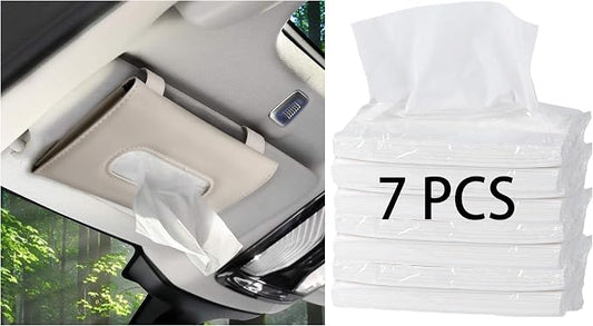 Car Tissue Holder with 7 Refill, Car Tissues Box, Tissue Napkin Refill | Leather Tissue Dispenser for Car Visor Beige, One Tissue Holder and 7 Bags of Tissues Filler Beige