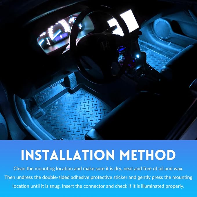 Car LED Strip Light, 12V 24 LEDs RGB Car Interior Atmosphere Lamp with USB Port, Vehicle Under Dash Floor Ambient Night Decorative Lighting Kit (Ice Blue)