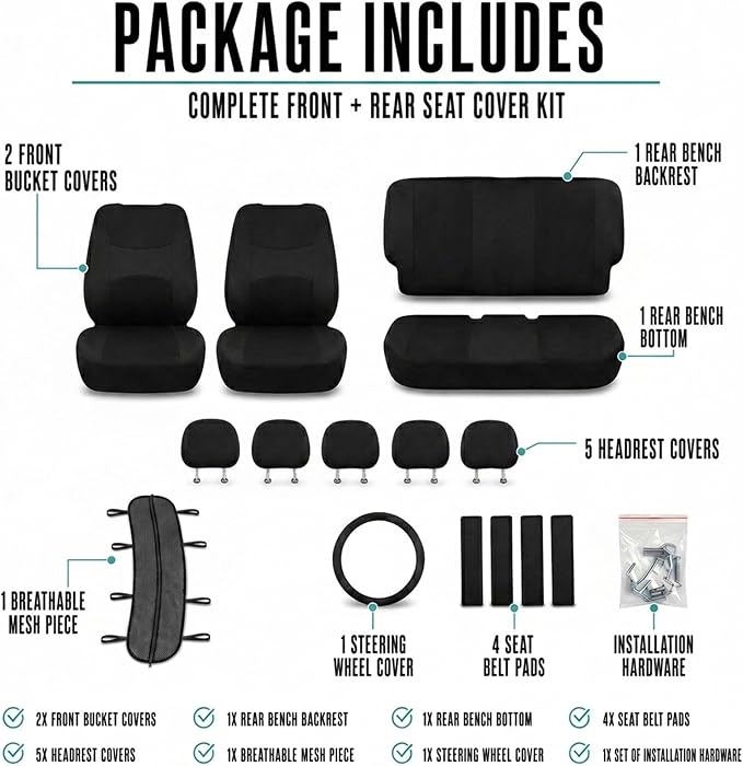 FH Group Full Set Cloth Car Seat Covers, Universal Fit Front and Split Bench Rear, Airbag Compatible, Washable for SUV, Sedan, Van - Black