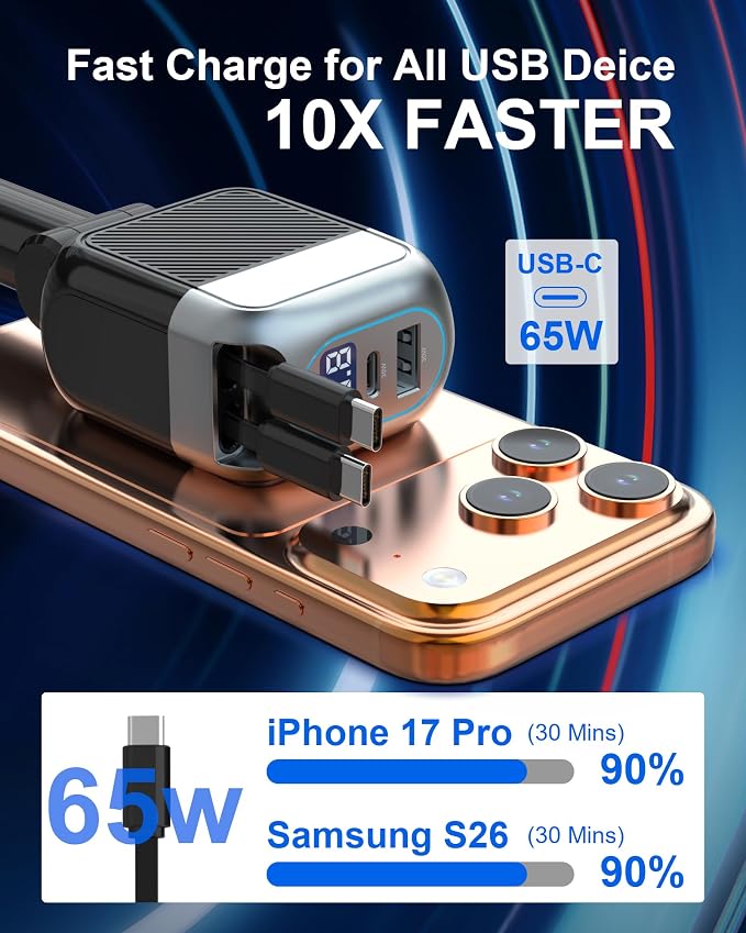 170W Dual USB C Retractable Car Charger, 4-in-1 Fast Charging Car Adapter | Super Fast Charging for MacBook Pro, iPhone 17/16/15, Samsung, iPad Pro & AirPods, Ideal Car Accessory Gift for Men and Women
