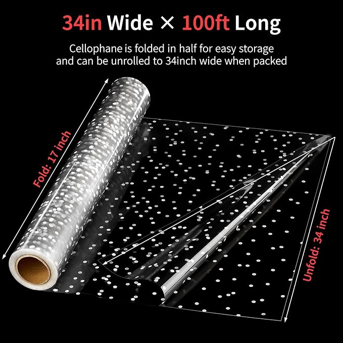 100 ftx34 in Extra Wide Clear Cellophane Wrap Roll | 2.5 Mil Thick Transparent Plastic with White Snow Dots | Bouquet, Baskets, Gifts, Crafts, Treats, Wrapping | Food Grade (34" Fold into 17")