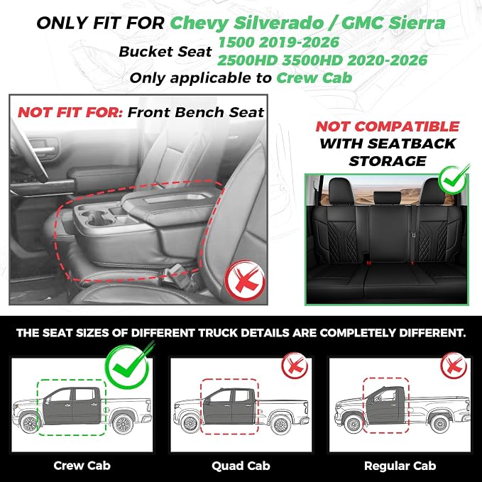 Truck Leather Seat Covers for Chevy Silverado Gmc Sierra 2019-2026 | Crew Cab 1500/2500/3500HD, Bucket Seat, NO Rear Seatback Storage, Scratch-resistant, Easy-clean, Pickup Protector, Full Set