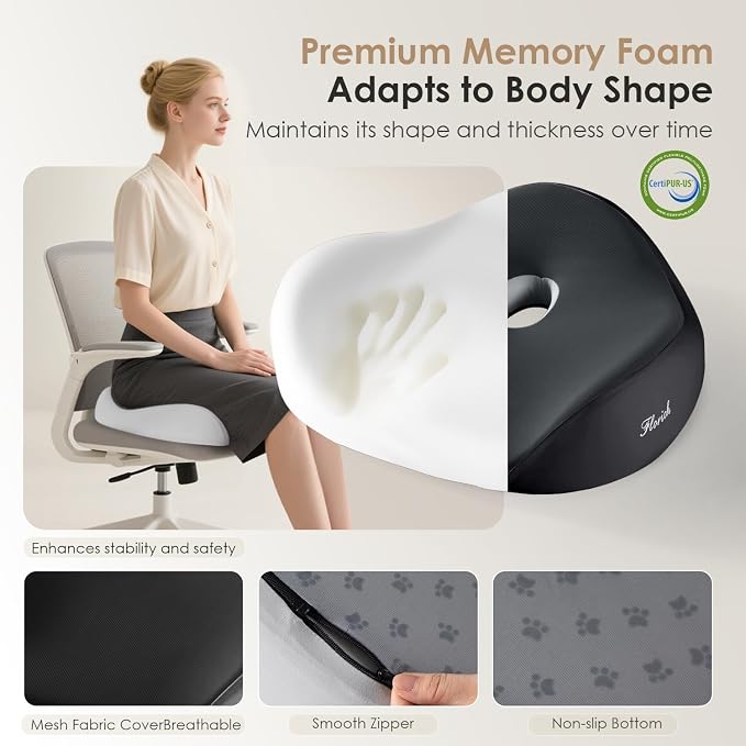 FLORICH Car Seat Cushion for Driving, Memory Foam Seat Cushion for Car Office Chair, Ergonomic Office Seat Chair Cushion, Larger Car Seat Cushion for Car Trunk, Wheelchair - Black