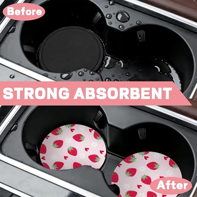 2 Pack Strawberry Car Coasters for Women Car Cup Holder Coasters, 2.63 Inch Anti Slip Ceramic Absorbent Coaster with Cork Base and Finger Notch, Cute Car Accessories Interior