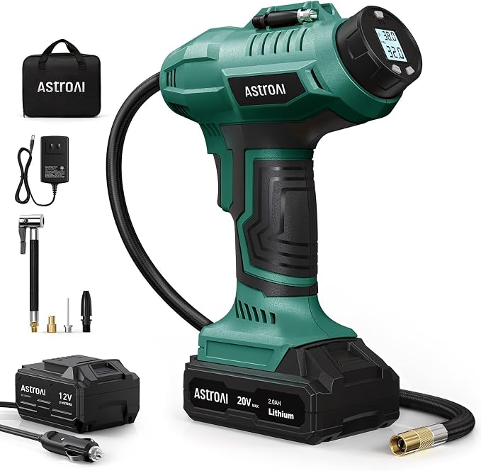 AstroAI C2 Cordless Tire Inflator Air Compressor 20V Rechargeable Battery Powered 160PSI Portable Air Pump with 12V Car Power Adapter Digital Pressure Gauge for Cars Motorcycles Green