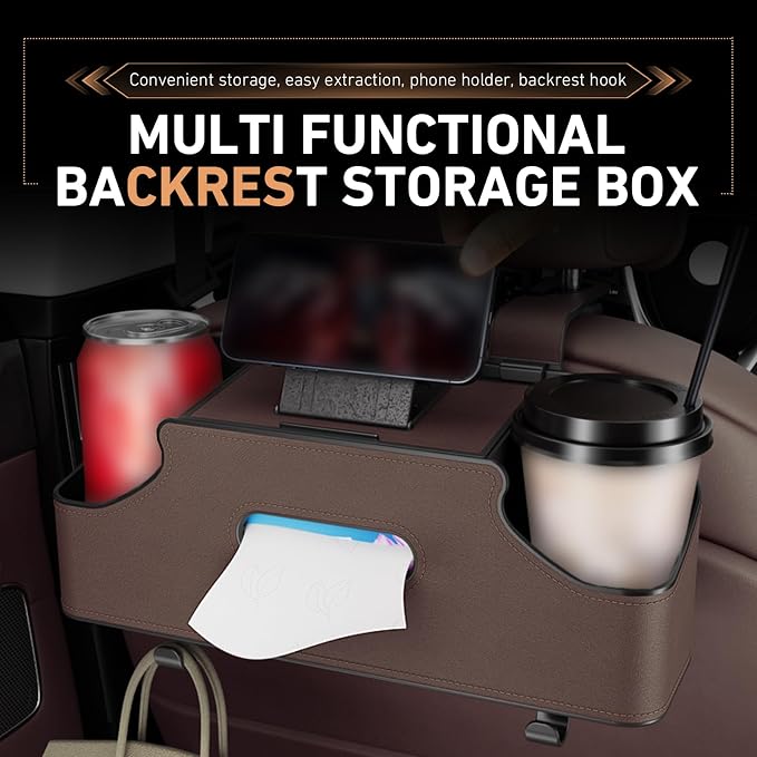 Car Organizer, Car Back Seat Organizer with 2 Drink Cup Holder, Leather Car Storage Box with Tissue Pouch, Multi-functional Behind Seat Storage Case, Universal for Most Vehicles (Brown)