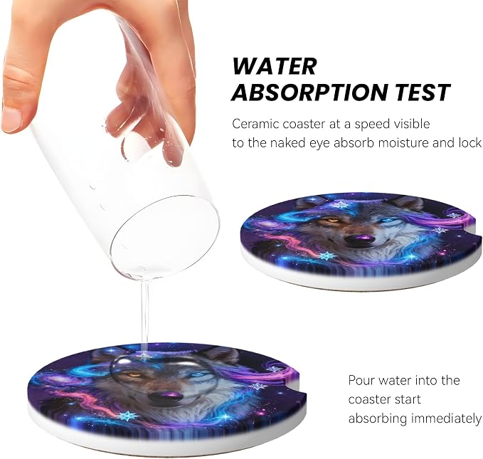 Galaxy Wolf Car Cup Holder Coasters 2 Pack 2.63" for Women | Universal Anti Slip Ceramic Absorbent Coaster with Cork Base and Finger Notch Cute Car Accessories Interior
