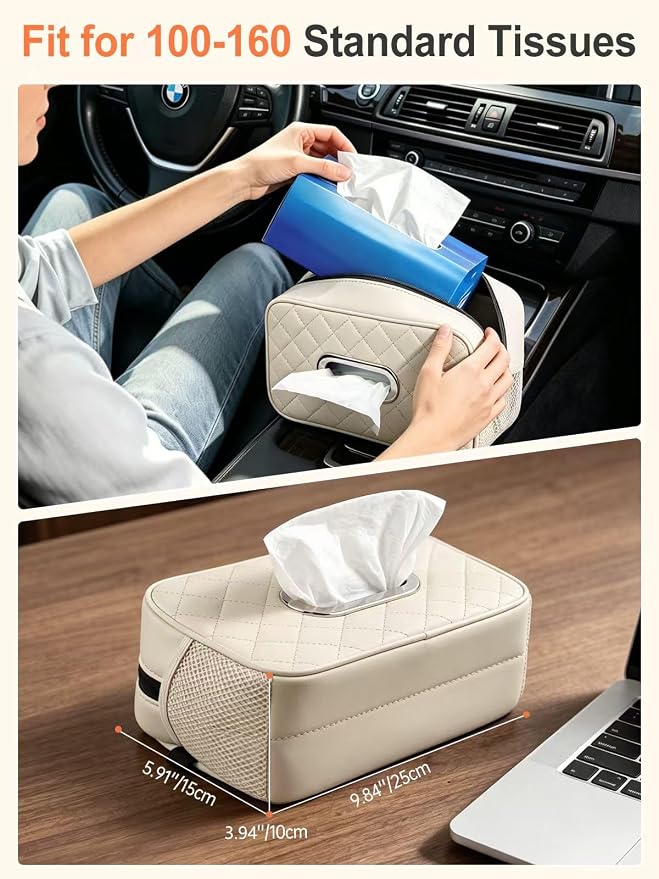Car Tissue Holder, Diamond-quilted Stitching Tissue Box Cover with 2 Mesh Storage Pockets, PU Leather Rectangle Napkin Organizer Fit for 90-160 Regular Size Tissues,Beige