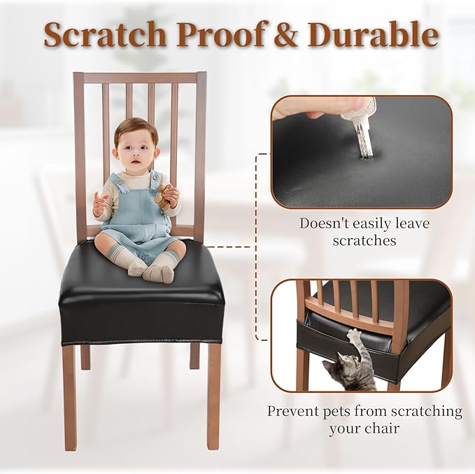 Waterproof Dining Chair Seat Covers Leather Kitchen Seat Covers, Stain Resistant Stretch Chair Seat Covers for Dining Room Chairs Set of 8, Rear Covered Washable Dining Chair Covers Black