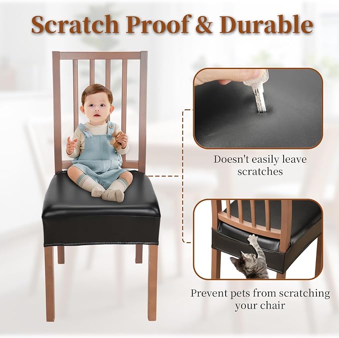 Waterproof Dining Chair Seat Covers Leather Kitchen Seat Covers, Stain Resistant Stretch Chair Seat Covers for Dining Room Chairs Set of 6, Rear Covered Washable Dining Chair Covers Black