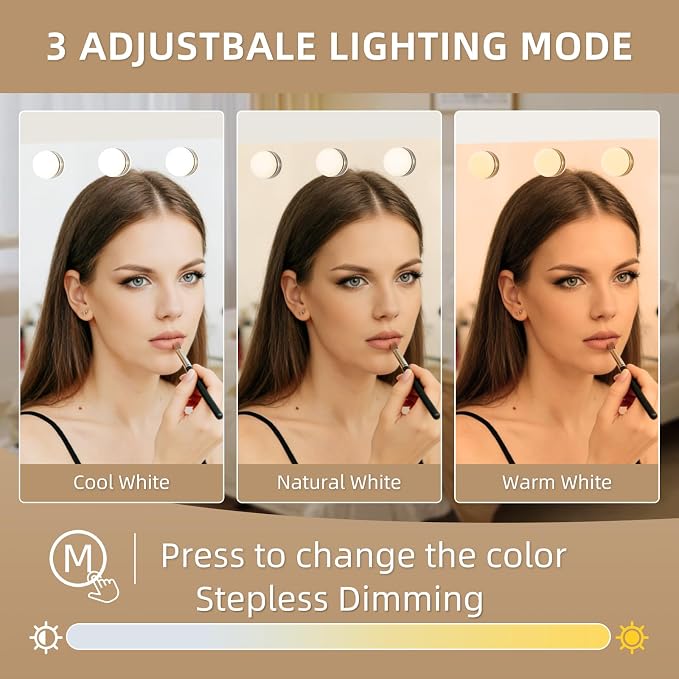 Vanity Mirror with Lights, 19.7"x16.5" Hollywood Mirror with 12 Dimmable LED Bulbs, 3 Color Lighting Modes & 10X Magnification Desk Wall-Mounted Makeup Vanity Mirror