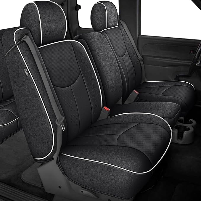 AOMSAZTO Car Seat Cover for Chevy Silverado/GMC Sierra 1500 (1999-2006) - Black with White Trim Full Set Seat Covers