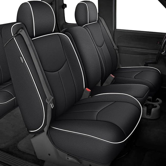 AOMSAZTO Car Seat Cover for Chevy Silverado/GMC Sierra 1500 (1999-2006) - Black with White Trim Full Set Seat Covers