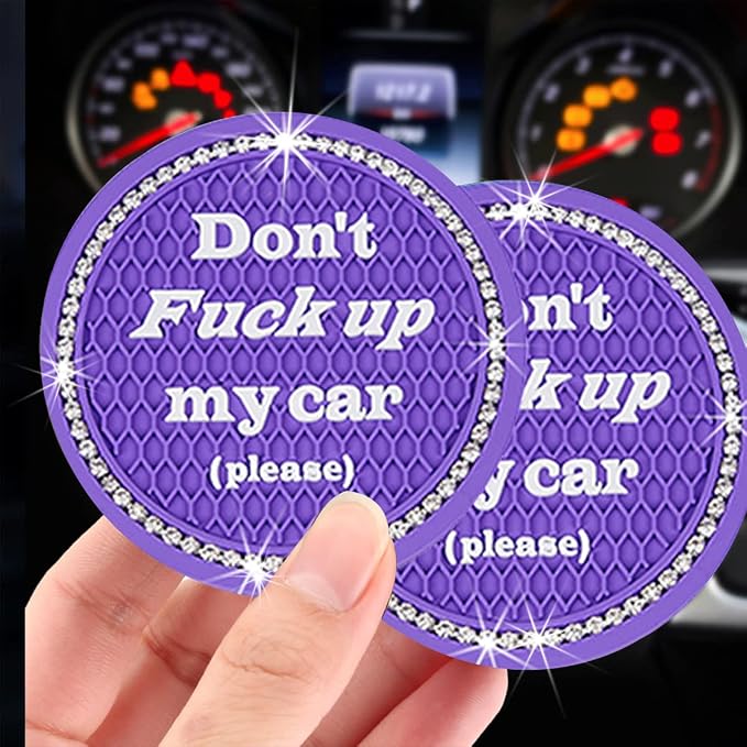 Ziciner 2 Pack Bling Car Cup Holder Coasters with Start Stop Button Cover, 2.75 inch Crystal Rhinestone Soft Rubber Auto Cup Insert Pad, Non-Slip Universal Vehicle Interior Accessories (Purple)