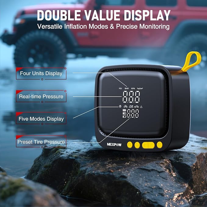 NEXPOW Tire Inflator Portable Air Compressor, Yellow | 180 PSI, Cordless Air Pump for Car Tires, Digital Pressure Gauge & Auto Shut-Off, For Car, Motorcycle, Bicycle, Ball