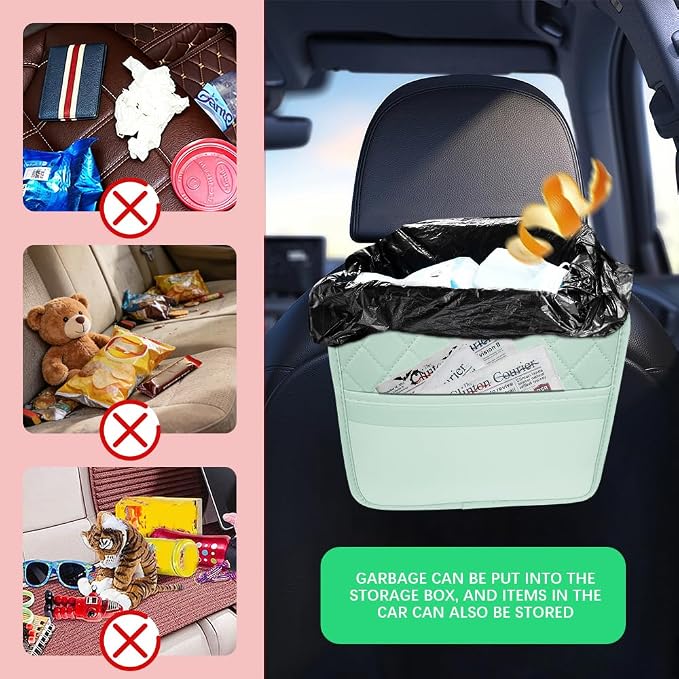 Car Seat Back Organizer, Leather Backseat Hanging Storage Bag, Multipurpose Car Hanging Trash Bag with 2 Compartments, Car Large Capacity Pouch Pocket for Kids & Adults (Green/Transparent Bag)