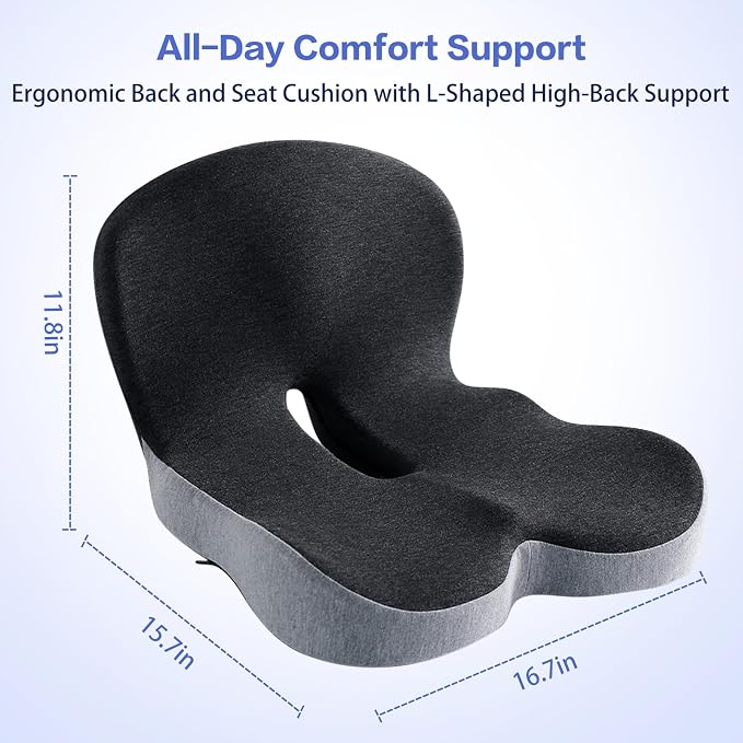 Back and Seat Cushion for Office Chair | Wide ergonomic memory foam, coccyx cutout & adjustable straps, tailbone & back relief, non-slip for car, home & gaming