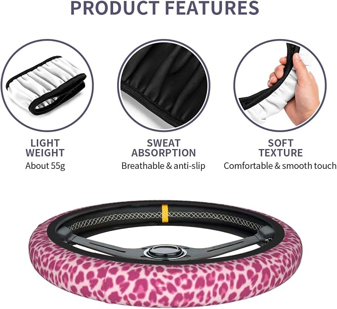 Leopard Print Steering Wheel Cover Anti-Slip Universal for 14.5-15 Inch Car Steering Wheel Cover with 2 Pieces Car Coasters Suitable for Men Women