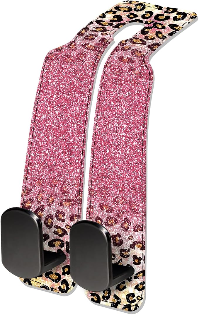 Car Seat Headrest Hook, Universal Leather Cute Hanger Holder Hook, Storage Organizer Interior Accessories for Purse Bags Handbag Glitter Pink Leopard