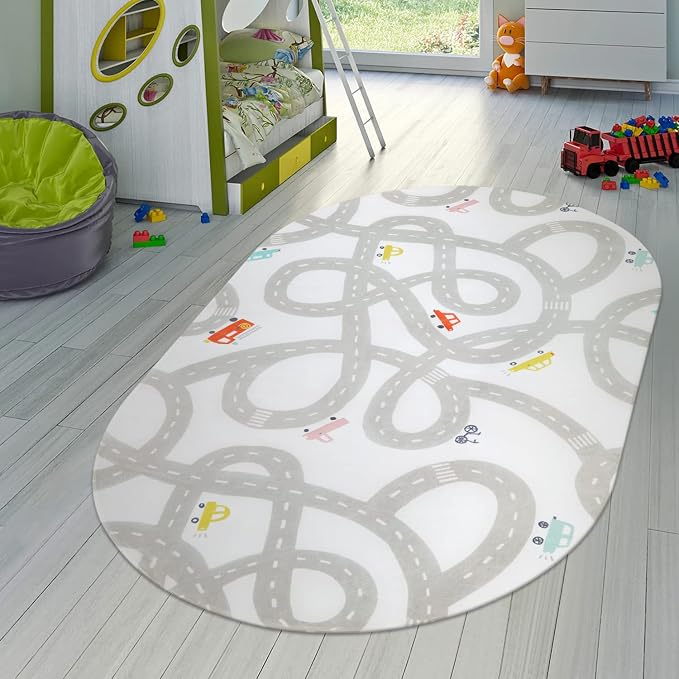 STARUIA Kids Car Rug for Playroom, 4x6 Washable Car Carpet for Kids Room, Non-Slip Car Rugs Play Mat for Kids Have Fun Safely, Road Play Rug for Boys Room Bedroom (Grey)