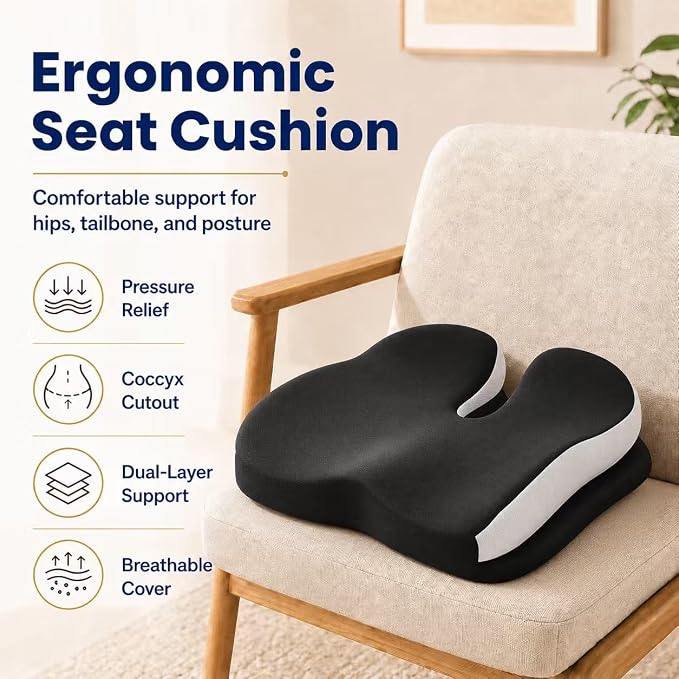 Memory Foam Ergonomic Seat Cushion for Office Chairs Pain Relief | Suitable for prolonged sitting, relieves tailbone pain, fits office chairs, wheelchairs, car seats and computer desk chairs