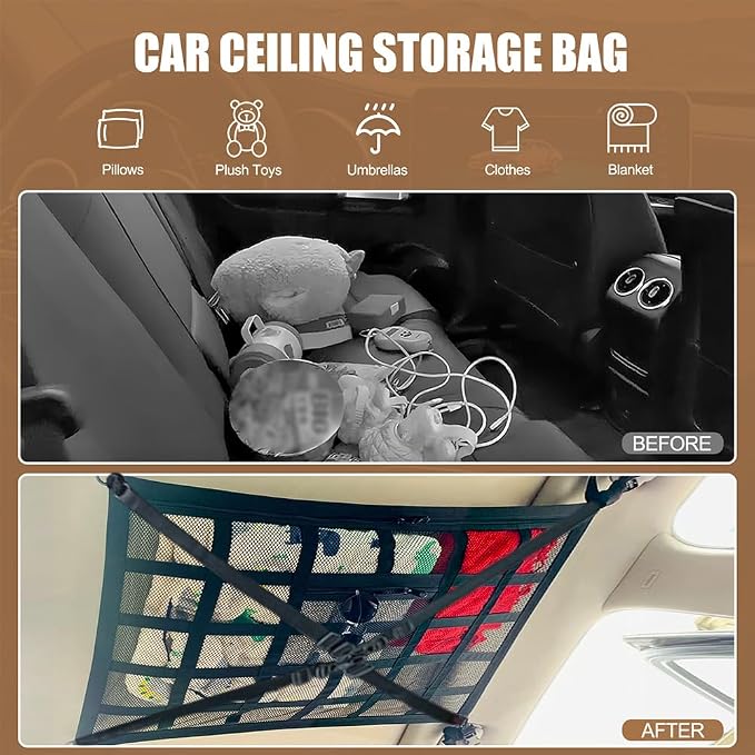 Universal Car Ceiling Cargo Net Pocket(25x34x44Inch)-Overhead Storage Organizer for SUV, Truck, Camping & Road Trips - Durable Mesh Interior Accessories for Travel Gear