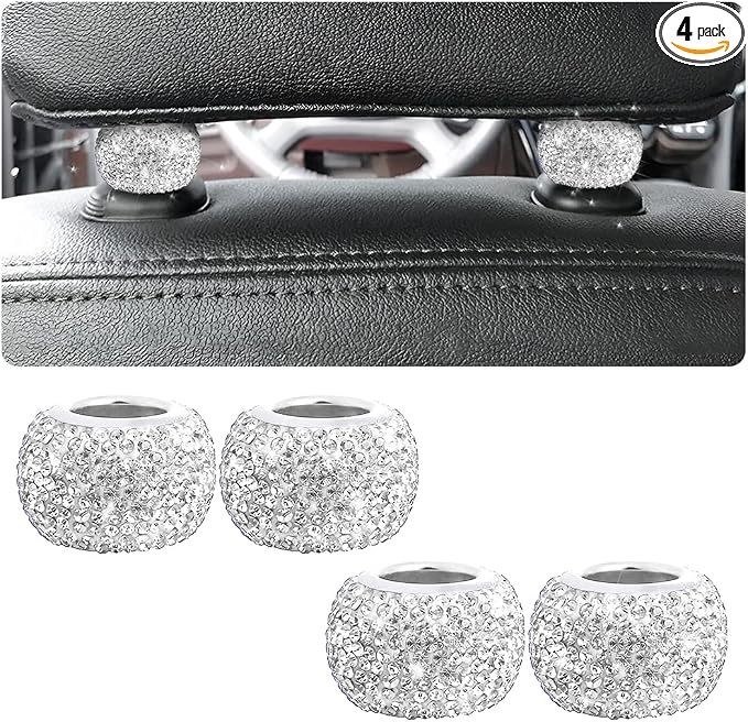 BELOMI 4 Pack Car Headrest Collars, Bling Car Head Rest Collars Rings Decor, Rhinestone Car Head Rest Collars, Diamond Interior Car Seat Accessory (White)