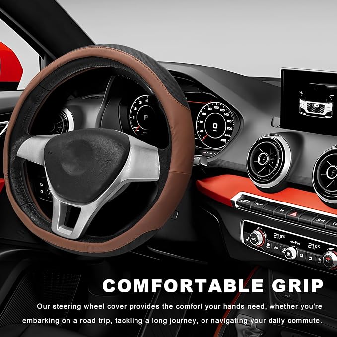 Sun Walker Steering Wheel Cover, Breathable Leather Steering Wheel Covers with Perforated Sides, Anti-Slip Comfortable Grip Auto Sleeve for 14.5-15 Inch Wheels, Car Accessories (Brown)
