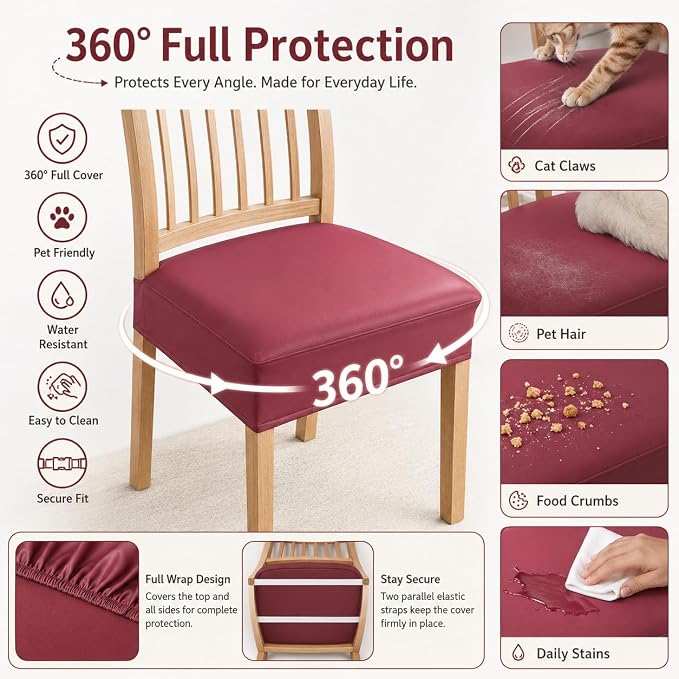 NILUOH Waterproof Seat Covers for Dining Room Chairs Set of 2, Pu Leather Chair Seat Slipcovers Dining Chair Cover Removable Washable Chair Protctor Cover, Rear Covers (PU-Red Wine)