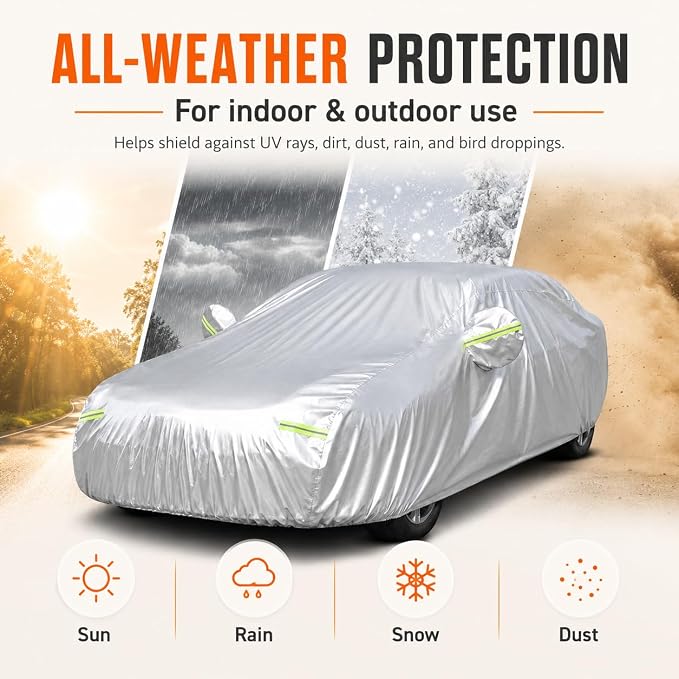 GXARTS Heavy Duty Car Cover 189"×75"×59" Waterproof All-Weather Sedan Cover with Zipper Door+Windproof Straps，UV Snowproof Dustproof Fit for Toyota Corolla Honda Civic VW Jetta Kia Forte Elantra+More