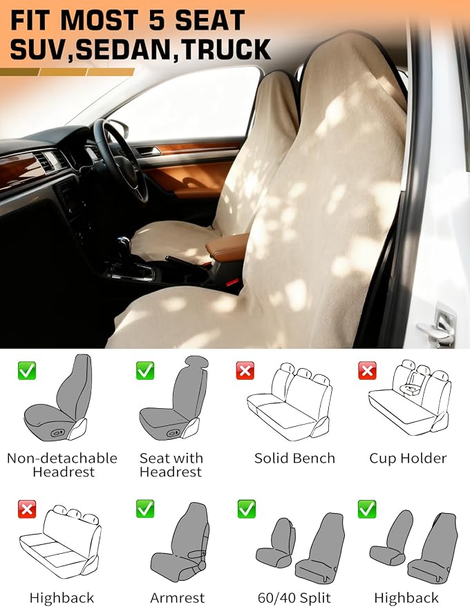 Towel Car Seat Covers for Sweat Protection, GRS Certified Recycled Microfiber Absorbent Front Seat Protector, Non-Slip Washable Universal Fit for Sedans SUV Minivans(2 Pack,Beige)
