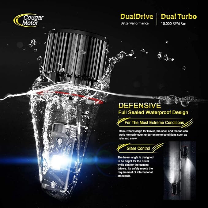 Cougar Motor H13 Bulbs, 9008 Light Bulb K16 Series 6000K White Driving Light Bulbs IP67 Waterproof H13 Fog Light or Off-Road - Pack of 2