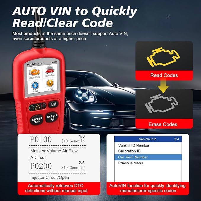 Autel OBD2 Scanner AL329, Upgraded AutoLink AL319, Auto VIN, Check-Engine-Light Code Reader, MIL Reset, One-Click I/M Readiness, CAN Car Diagnostic Scan Tool, for All OBD II Vehicles After 1996