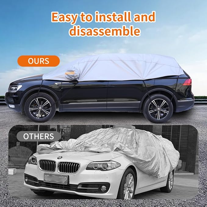 Half Car Cover, Windshield Cover for Ice and Snow with Cotton Liner, Car Cover Waterproof All Weather for Snow, Sun, Rain, Dust, UV Protection Fit SUV L