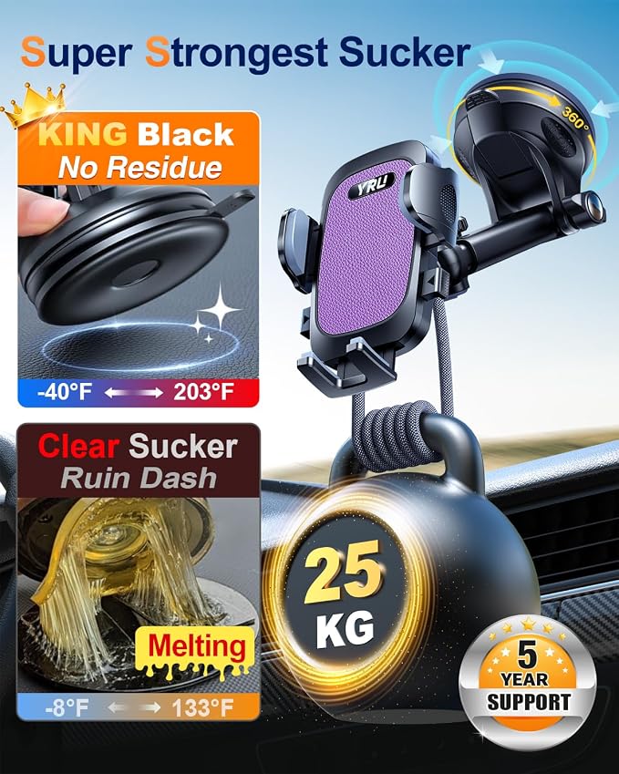 YRU True Military-Grade [360° Rotation Suction] 2026 Ultimate Car Phone Holder Mount【90+LBS Safest Strongest & Patent Certs】 Dash Windshield for iPhone 17 16 Pro Max Speakerphones, Purple