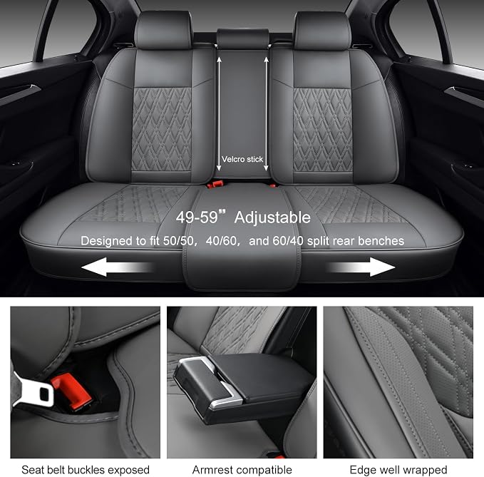 Car Seat Covers Full Set, Breathable Leather Automotive Front and Rear Seat Covers & Headrest, Universal Automotive Vehicle Seat Cover for Most Sedan SUV Pick-up Trucks, Gray